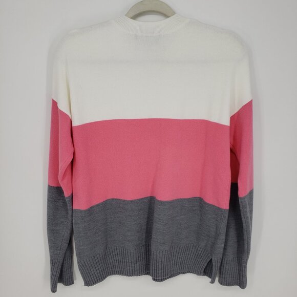 French Connection Color Block Striped Sweater Womens Relaxed Fit Crew Pink Gray - Picture 2 of 7